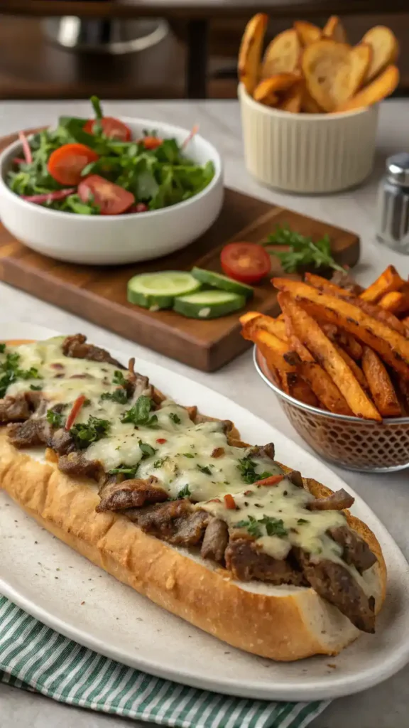 Cheesesteak Garlic Bread served with sweet potato fries and garden salad.
