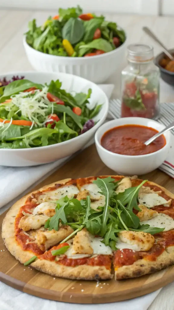 Serving suggestions for chicken crust pizza with fresh ingredients.