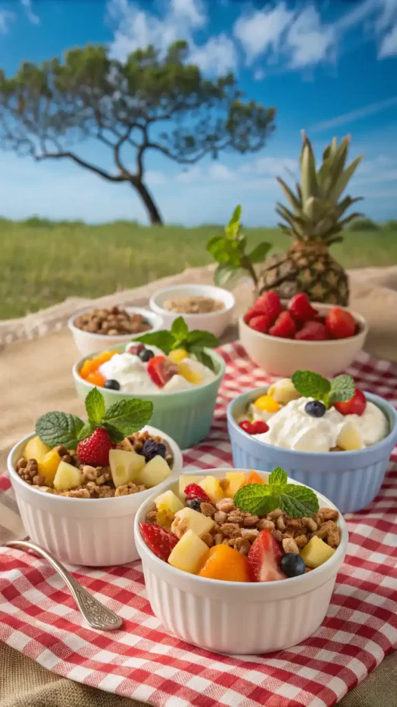 Different serving suggestions for creamy fruit salad in individual bowls.