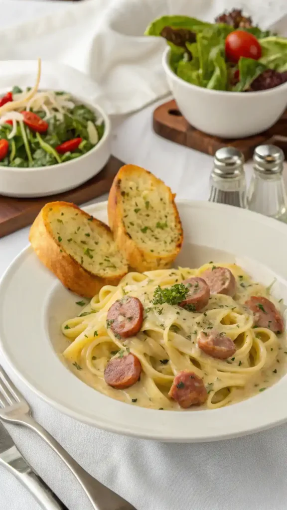 Creamy sausage pasta served with garlic bread and a fresh salad, creating a delightful meal setting.
