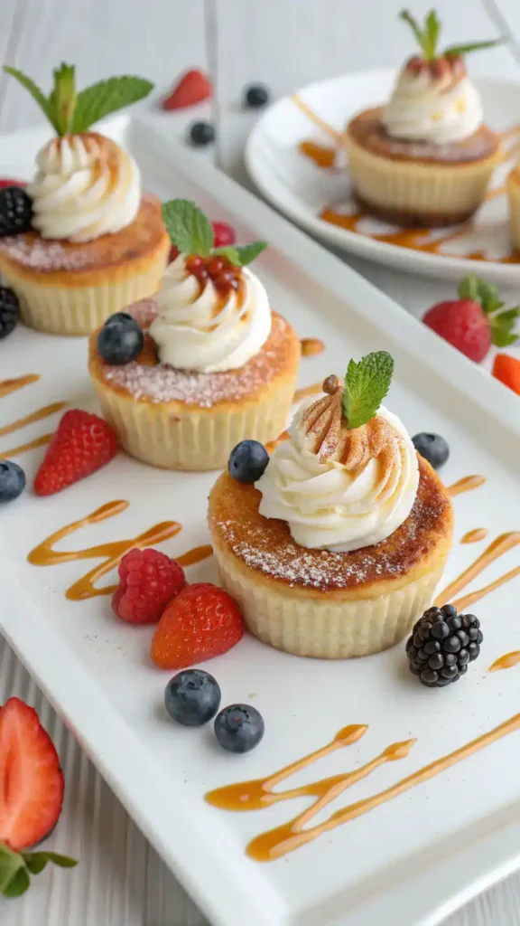 Serving suggestions for creme brulee cupcakes with garnishes.