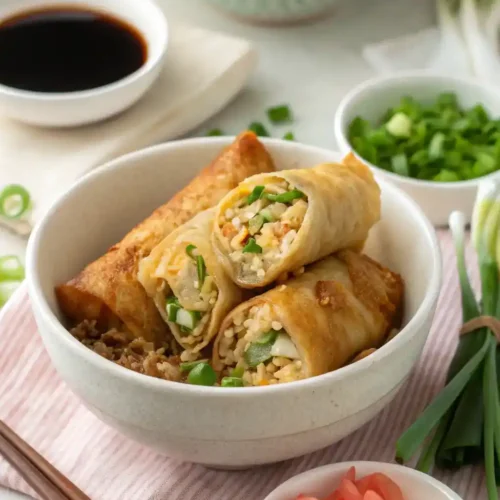 A plated egg roll in a bowl with toppings and serving suggestions.