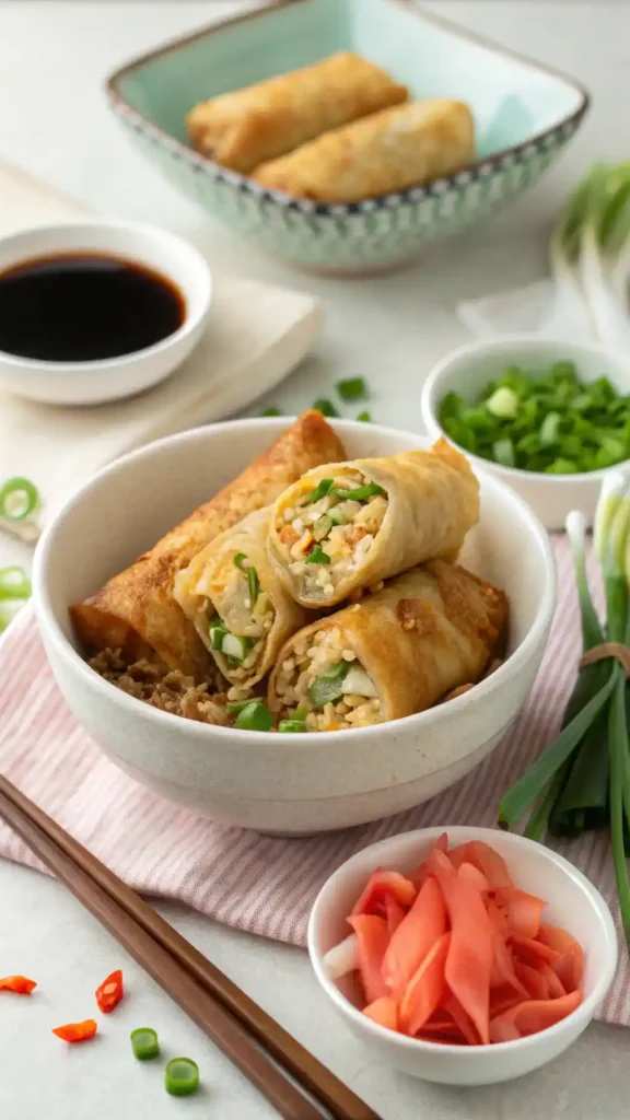 A plated egg roll in a bowl with toppings and serving suggestions.