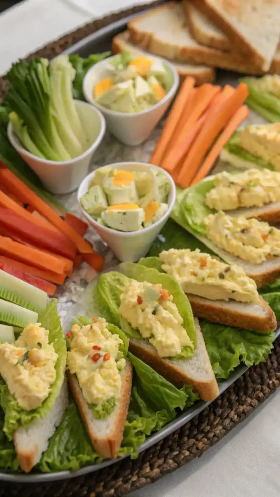 Different serving ideas for egg salad, including toast, lettuce wraps, and vegetable sticks.