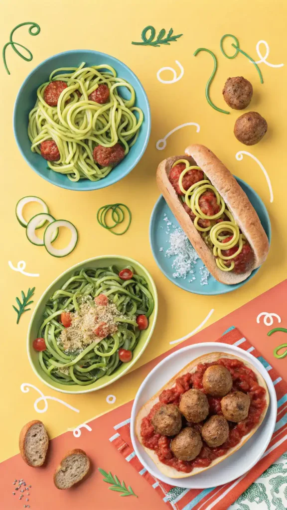 Create a fun and colorful image showing various ways to serve gluten-free meatballs, including zoodles, spaghetti, and meatball subs, arranged creatively.
