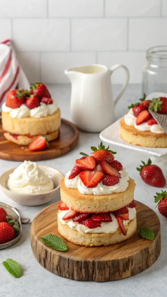 Serving suggestions for Homemade Strawberry Shortcake with whipped cream and ice cream.