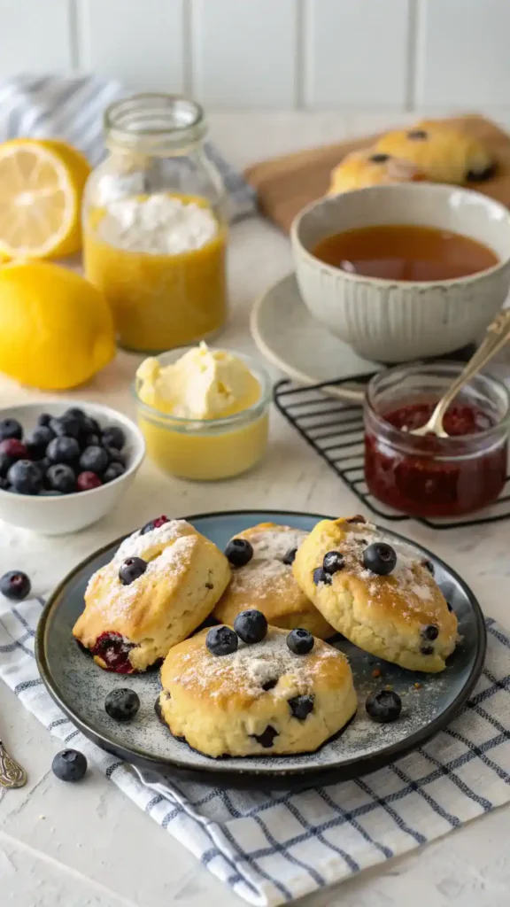 Lemon Blueberry Scones served with butter and lemon curd.