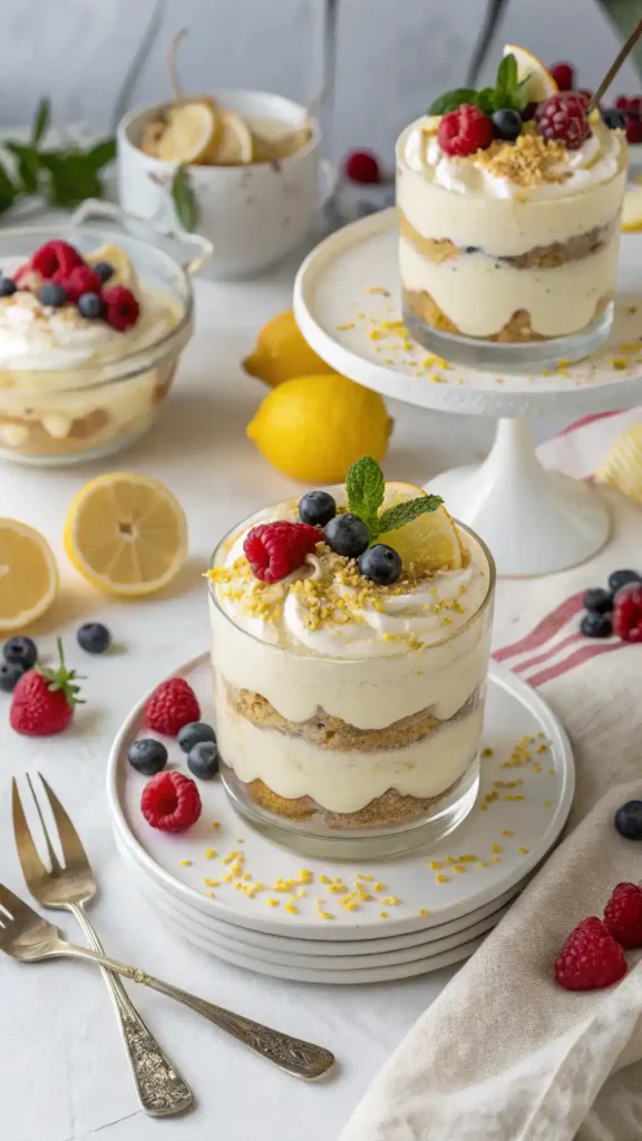 Serving suggestions for Lemon Tiramisu displayed on a festive table.