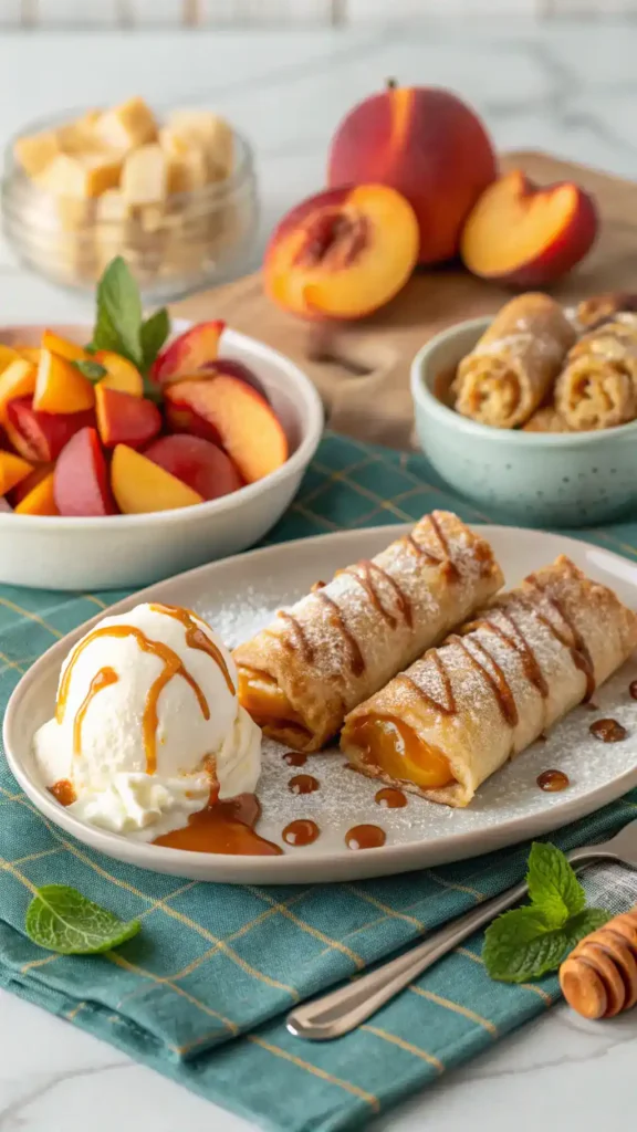 Serving suggestions for Peach Cobbler Egg Rolls.