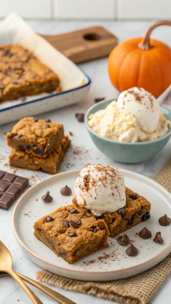 Serving suggestions for Pumpkin Chocolate Chip Oatmeal Bars with ice cream and whipped cream.