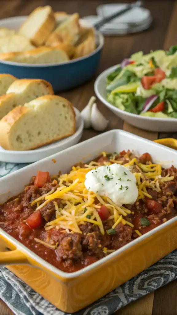 Serving suggestions for Sloppy Joe Casserole with various toppings and sides.