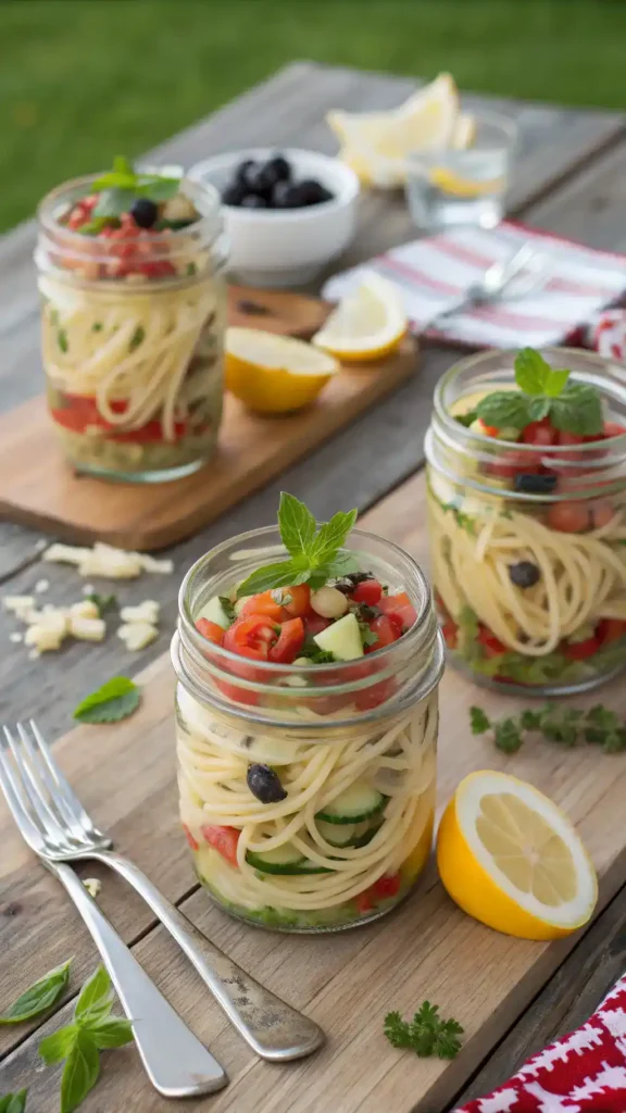 Spaghetti Salad served in mason jars for a picnic.