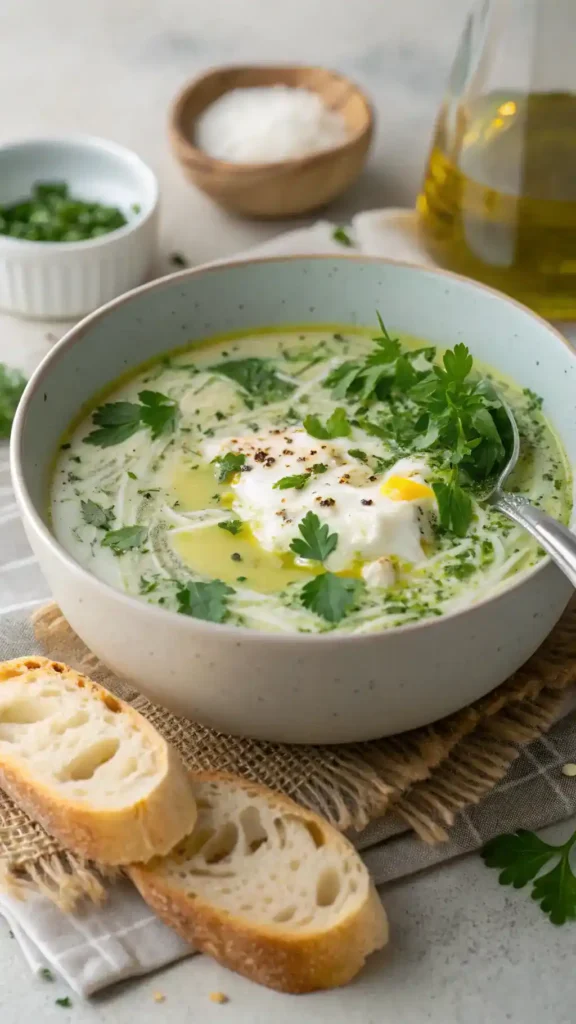 A beautifully served bowl of Stracciatella Soup with garnishes.