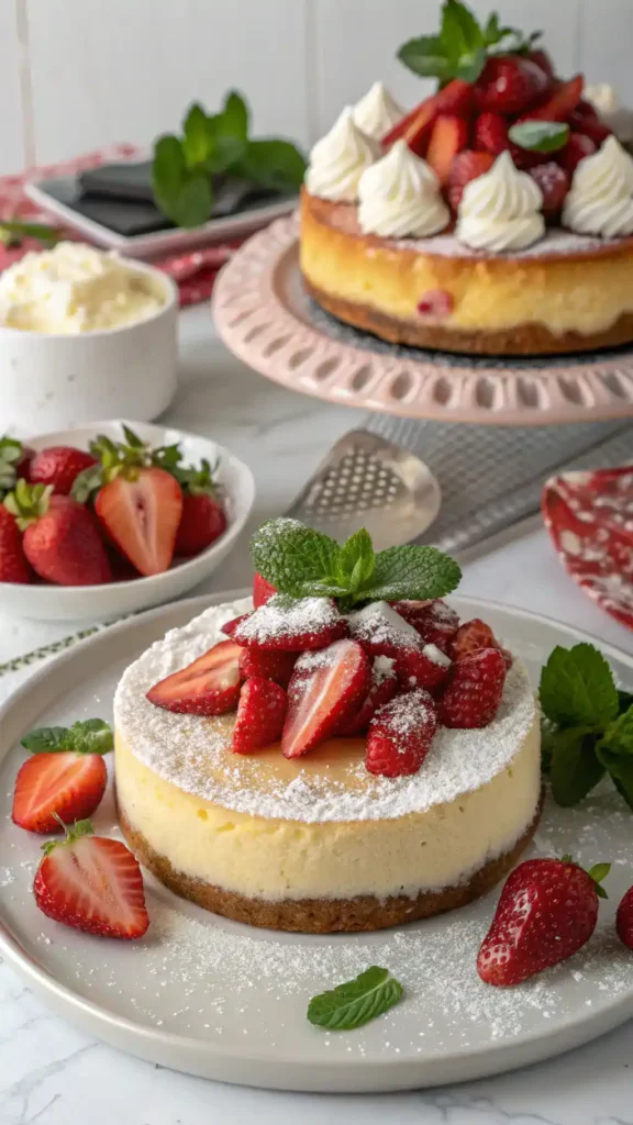 Serving suggestions for Strawberry Shortcake Cheesecake with garnishes and drinks.