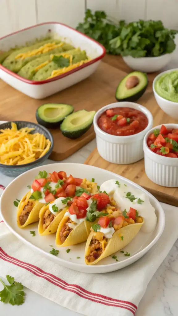 Taco Stuffed Shells served with toppings like sour cream, guacamole, and a side salad.