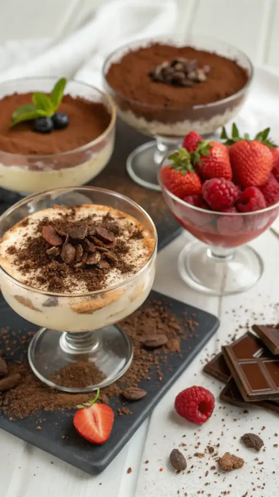 Creative serving suggestions for Tiramisu, featuring garnishes and presentation ideas.