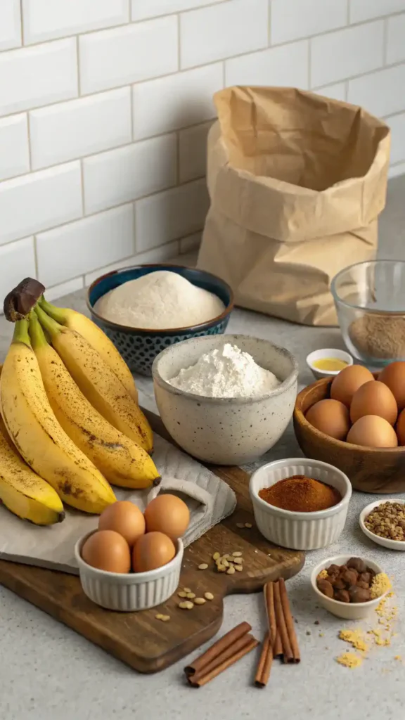 Ingredients for air fryer banana bread displayed on a kitchen counter.