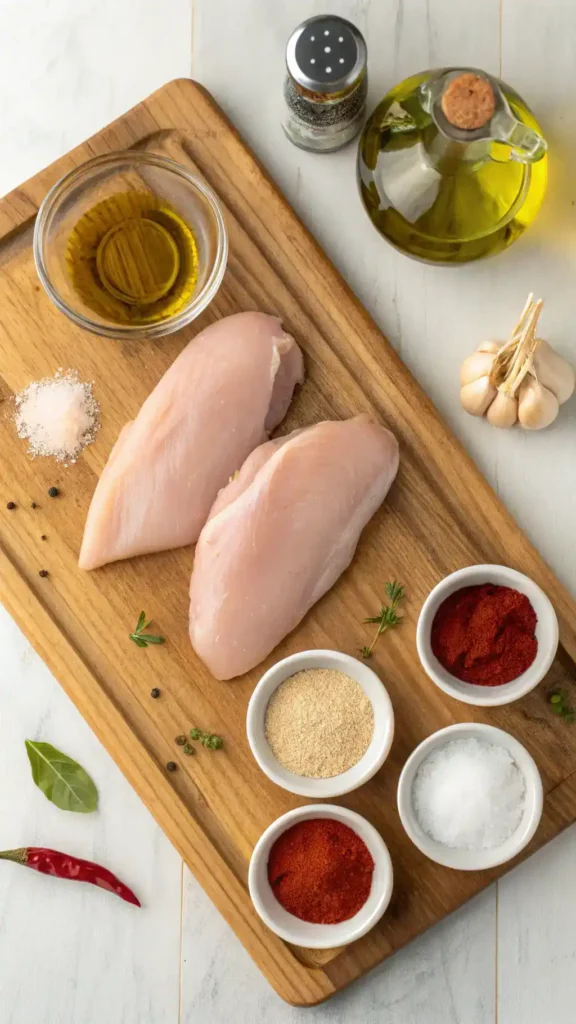 Ingredients for air fryer chicken breast displayed on a wooden cutting board.