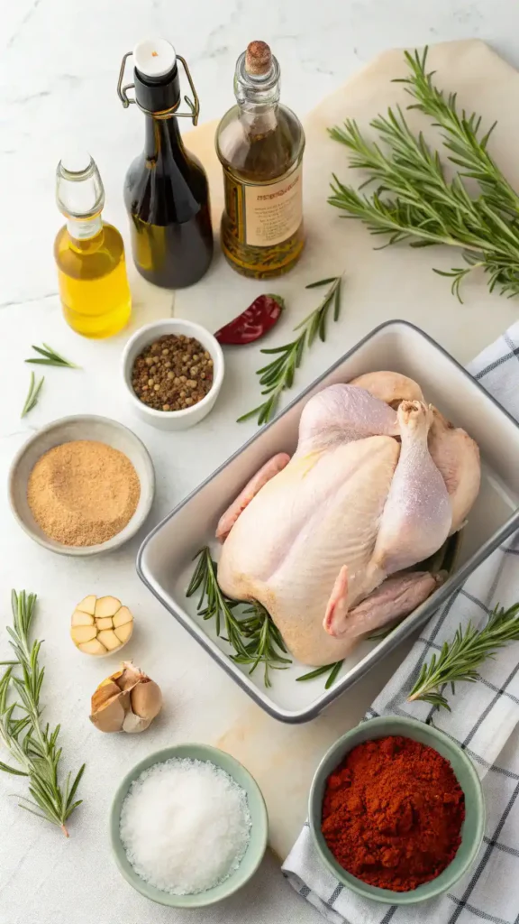 Ingredients for air fryer roast chicken including a whole chicken and various spices.