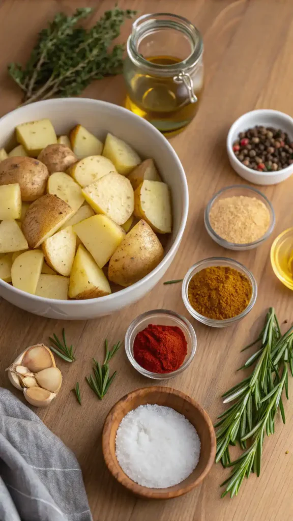 Ingredients for air fryer roast potatoes including potatoes, olive oil, and spices.