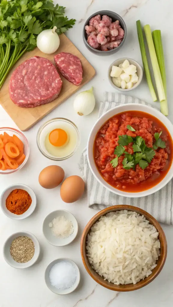Ingredients for Albondigas Soup displayed on a kitchen counter.