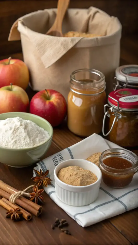 Ingredients for Amish Applesauce Cake displayed on a wooden table.