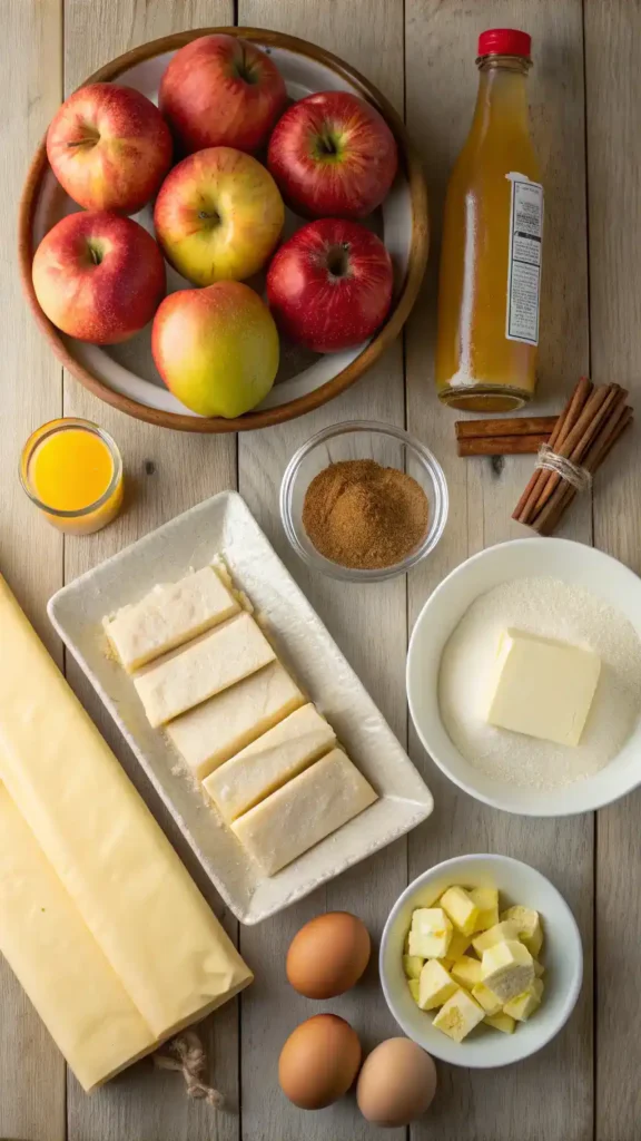 Ingredients for apple puff pastry displayed on a wooden countertop.