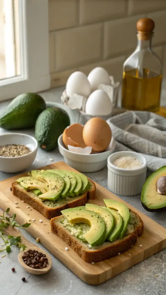 Ingredients for Avocado Toast with Egg, including avocados, bread, and eggs.
