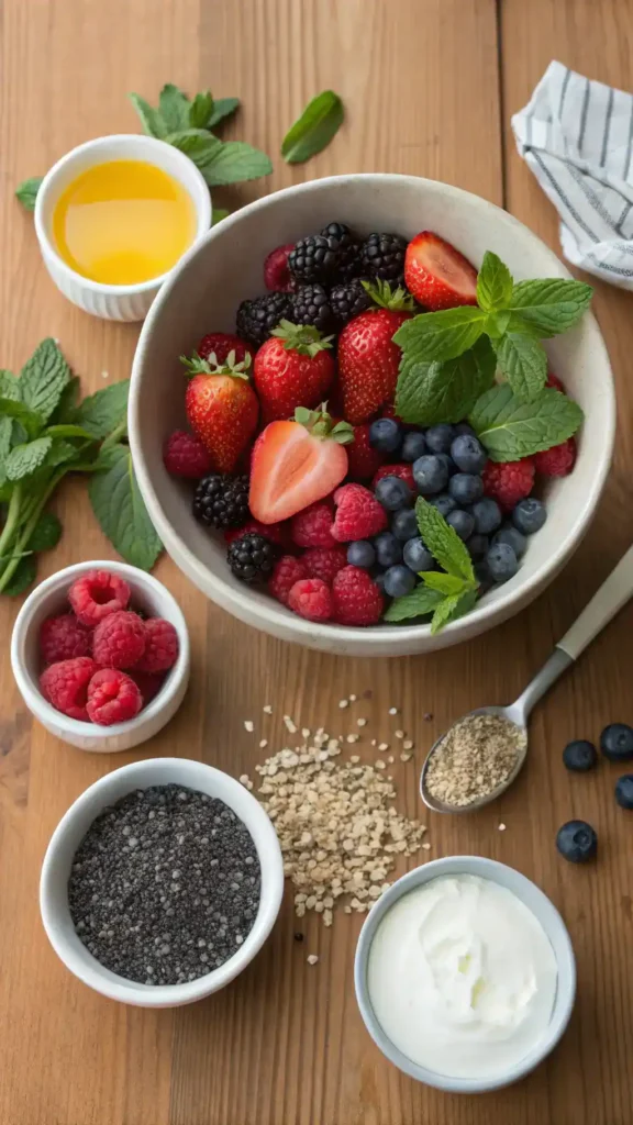 Ingredients for Berry Fruit Salad including mixed berries and mint.