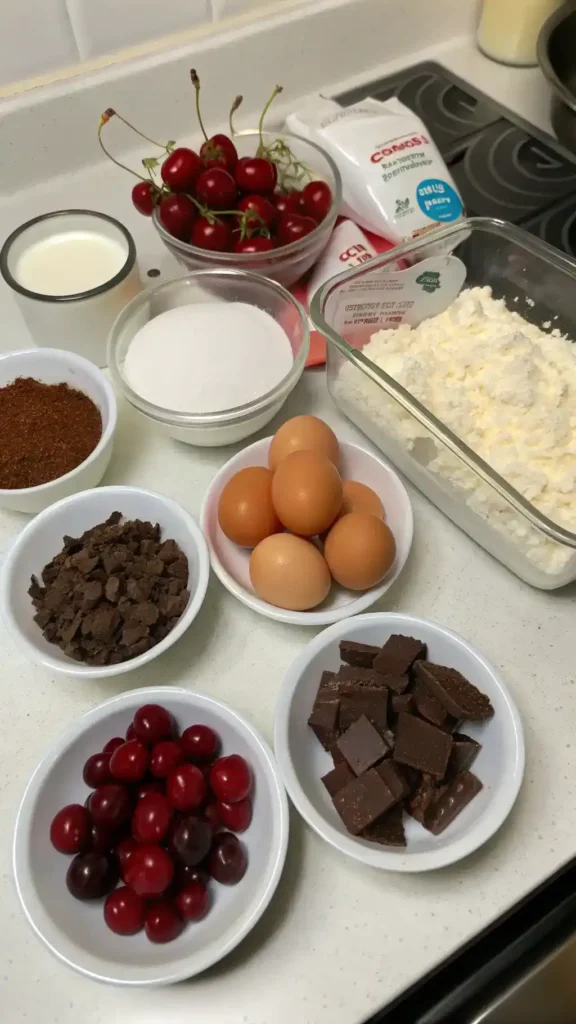 Ingredients for Black Forest Cheesecake including chocolate cookies, cream cheese, and cherry pie filling.