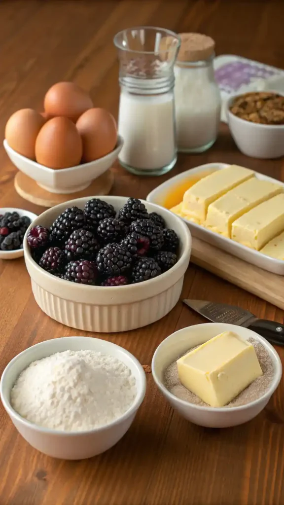 Ingredients for blackberry turnovers displayed on a wooden table.