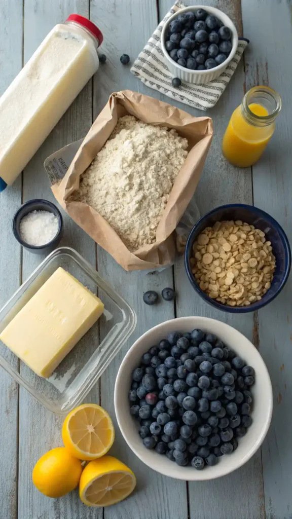 Ingredients for BlueBerry Streusel Bars, including flour, sugar, butter, oats, blueberries, and lemon juice.