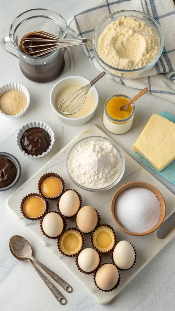 Ingredients for Boston Cream Pie Cupcakes including flour, sugar, eggs, and chocolate.