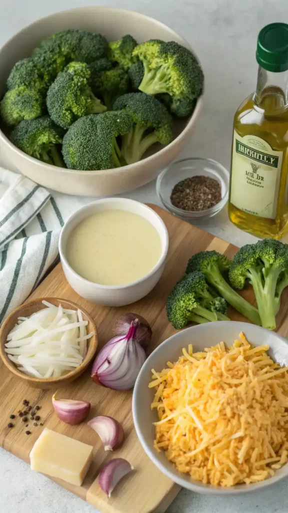 Ingredients for Broccoli Cheese Soup including broccoli, cheddar cheese, onion, garlic, and vegetable broth.