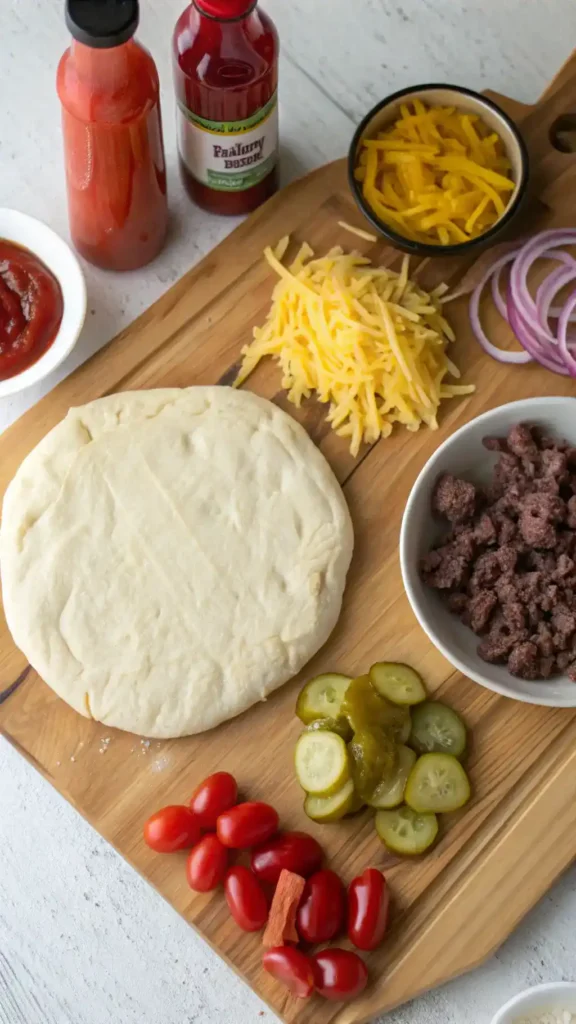 Ingredients for Cheeseburger Pizza laid out on a kitchen counter.