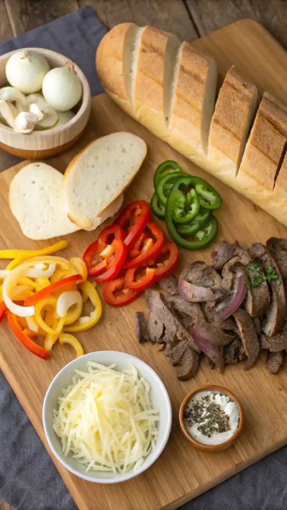 Ingredients for Cheesesteak Garlic Bread displayed on a wooden cutting board.