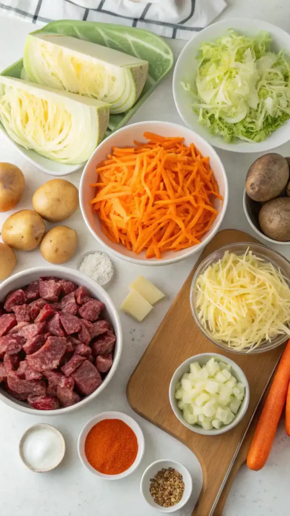 Ingredients for Cheesy Cabbage Beef Casserole including cabbage, ground beef, onion, garlic, cheddar cheese, and seasonings.