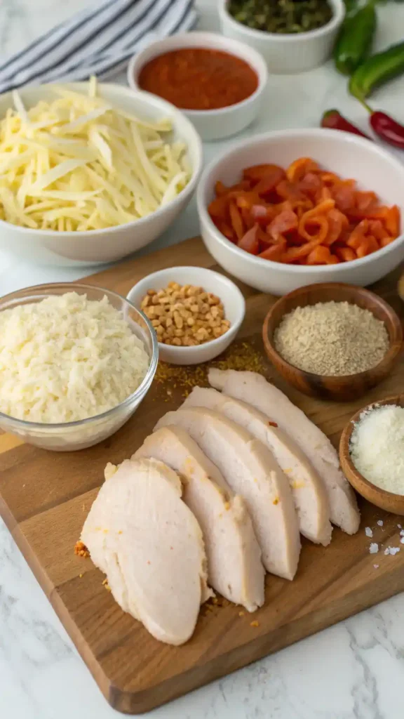 Ingredients for chicken crust pizza displayed on a wooden table.
