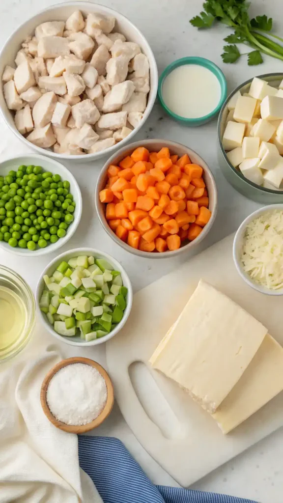 Ingredients for Chicken Pot Pie displayed on a kitchen counter.