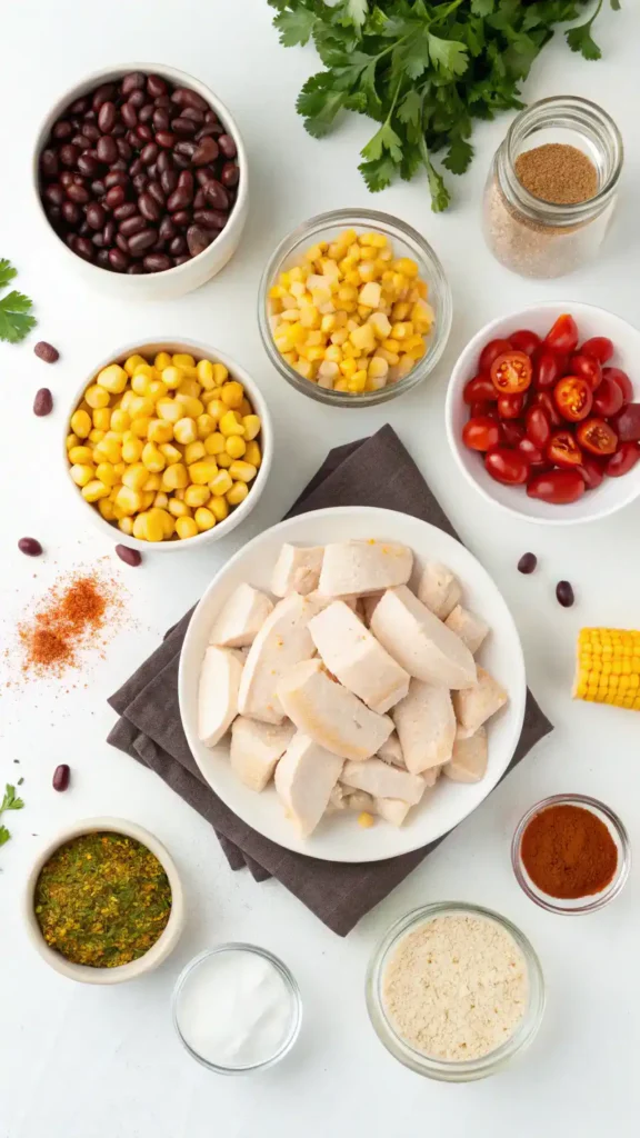 Ingredients for Chicken Taco Casserole including chicken, beans, corn, and spices.