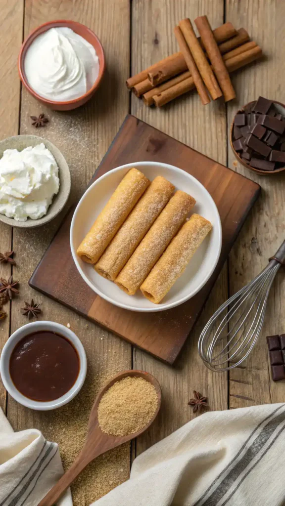 Ingredients for Churro Cannoli Recipe including flour, sugar, butter, eggs, ricotta cheese, and vanilla extract.