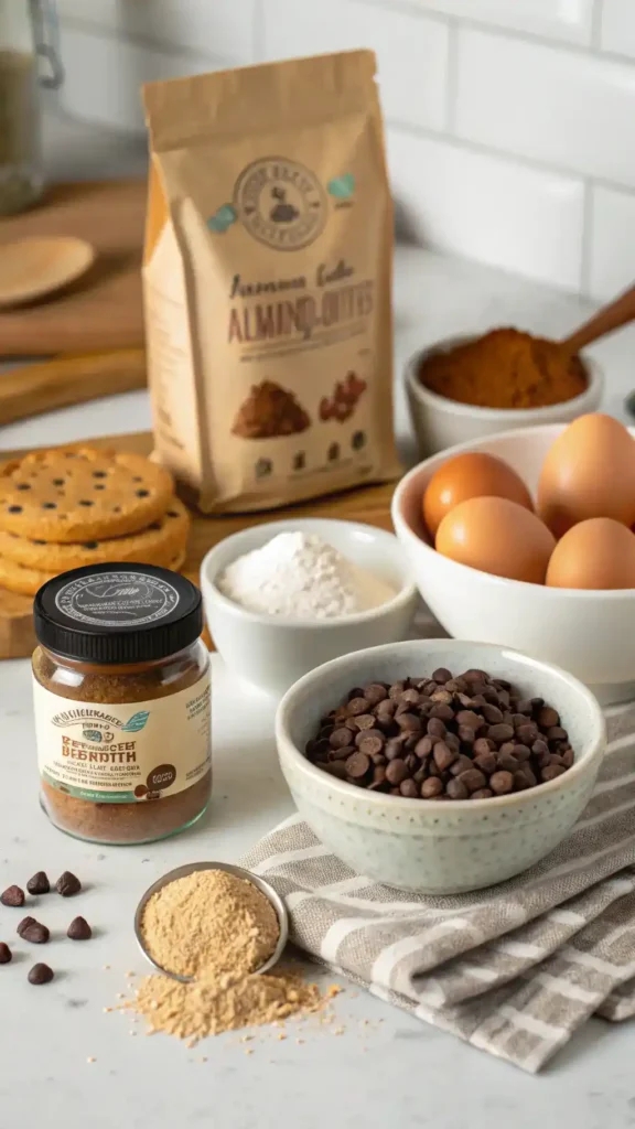 Ingredients for Flourless Almond Butter Chocolate Chip Cookies on a kitchen counter.