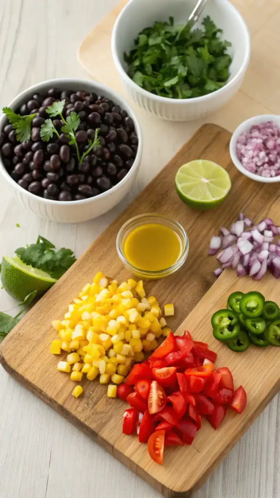 Ingredients for Cowboy Caviar displayed on a wooden cutting board.