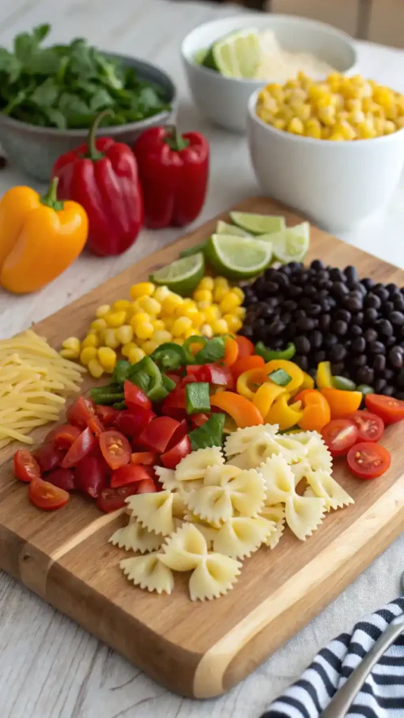 Fresh ingredients for Cowboy Pasta Salad displayed on a cutting board.