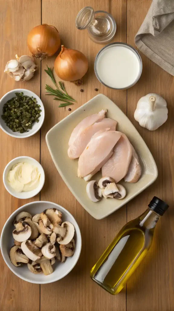 Ingredients for Creamy Chicken & Mushrooms displayed on a wooden countertop.