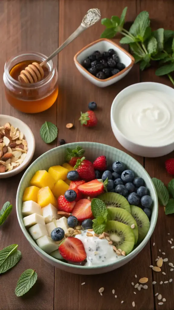 Ingredients for creamy fruit salad including fresh fruits, yogurt, honey, nuts, and mint.