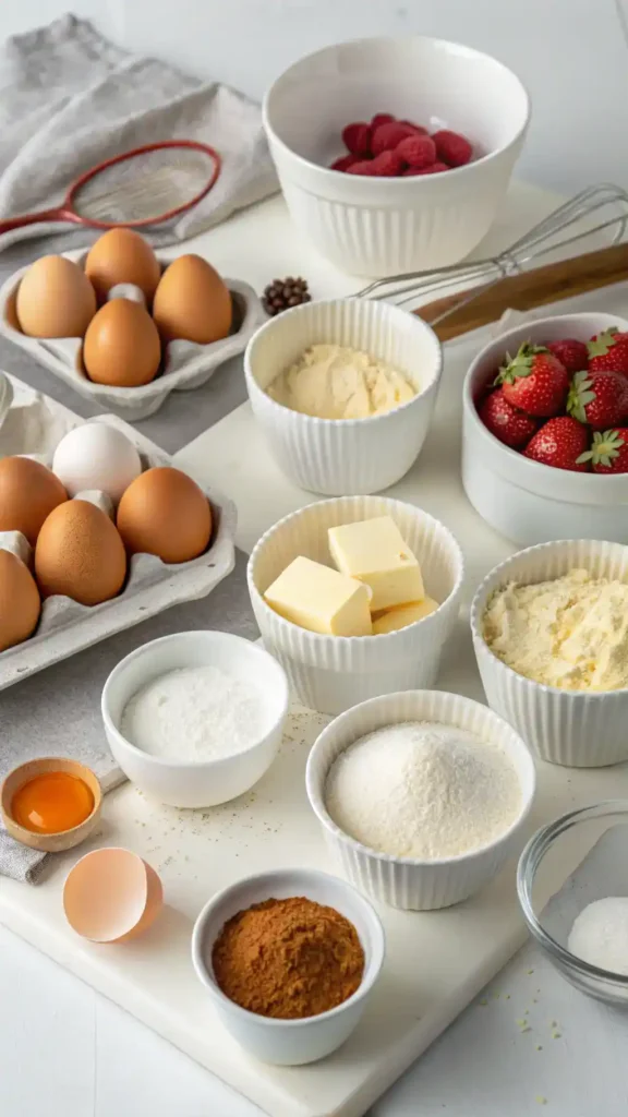 Ingredients for creme brulee cupcakes including flour, sugar, eggs, and cream.