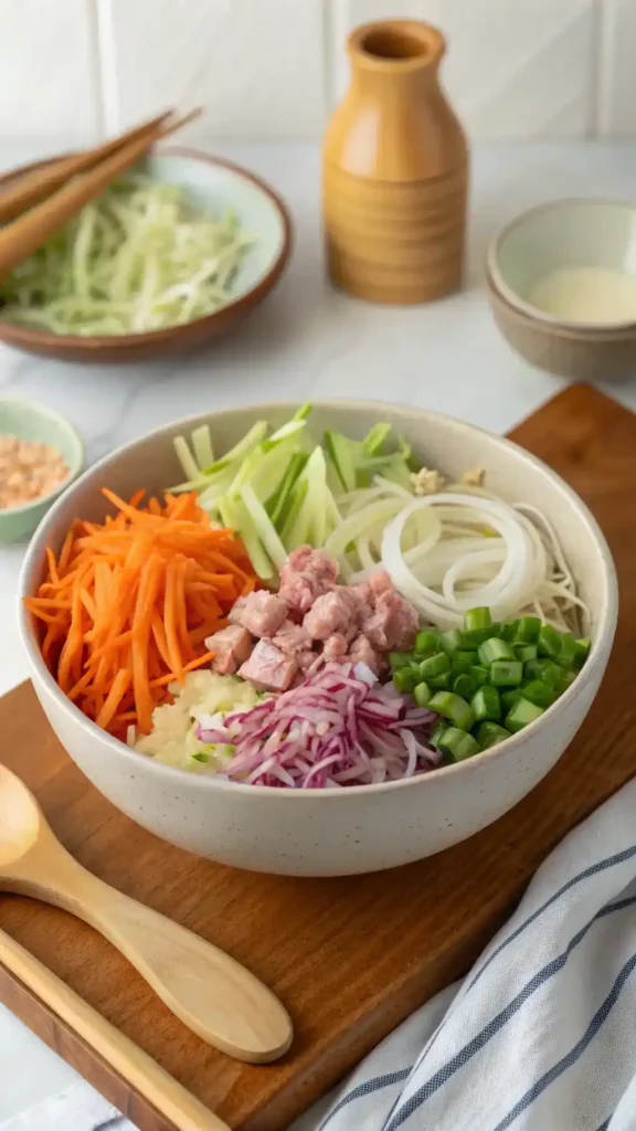 Ingredients for egg roll in a bowl including ground turkey, coleslaw mix, green onions, garlic, ginger, soy sauce, sesame oil, and spices.