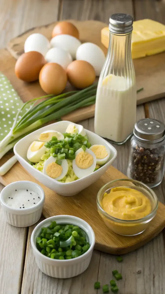 Ingredients for egg salad displayed on a wooden table, including eggs, mayonnaise, mustard, celery, and spices.