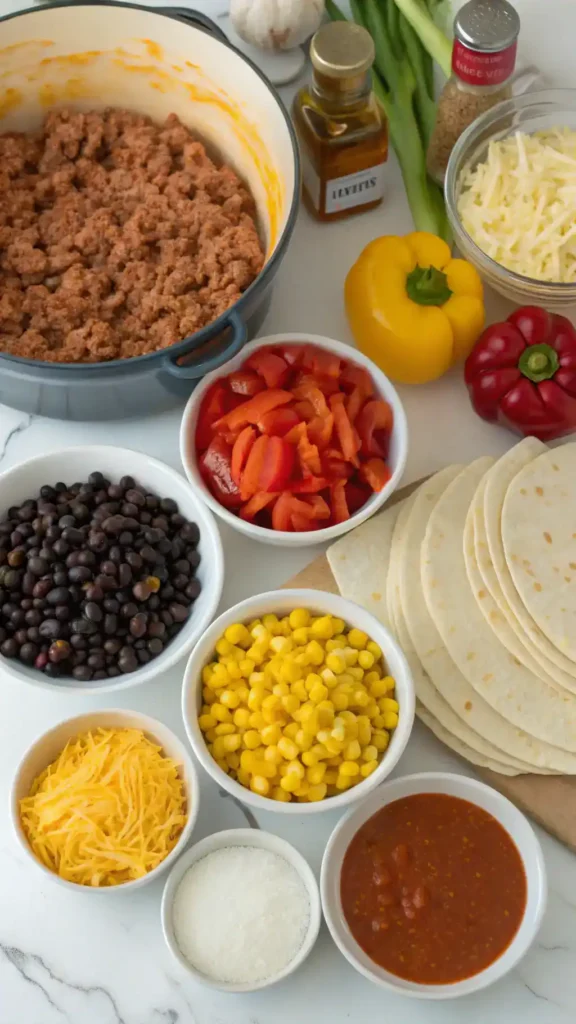 Ingredients for Enchilada Casserole displayed on a kitchen counter.